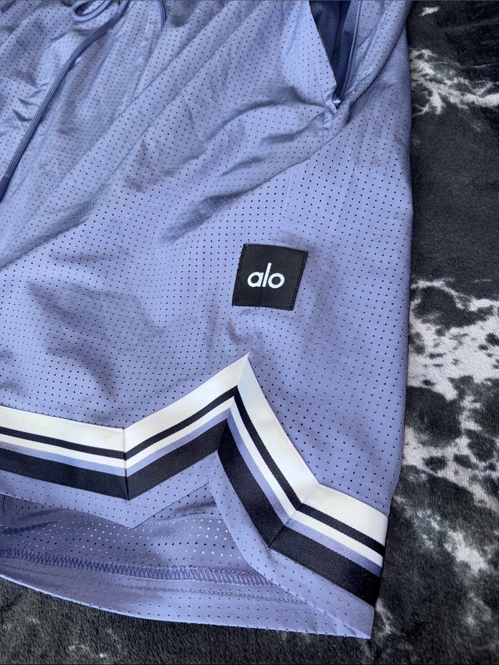 ALO Yoga Men’s Perforated Lavender Athletic Shorts with Striped Hem
